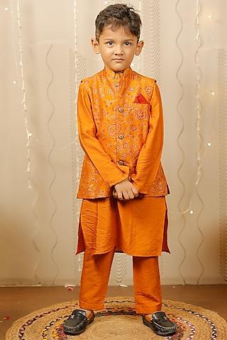 mustard block printed nehru jacket with kurta set for boys