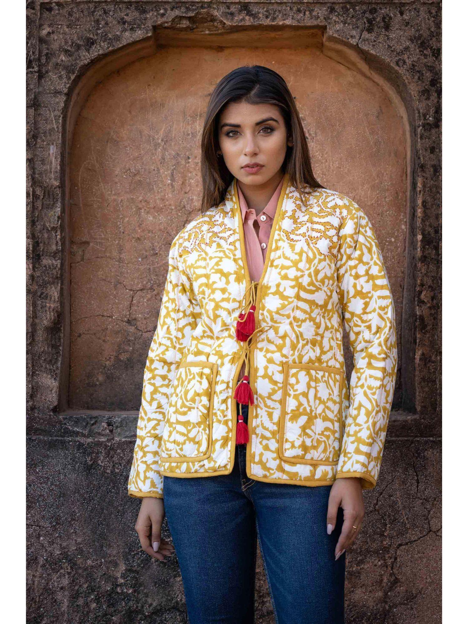 mustard block printed quilted puffer jacket