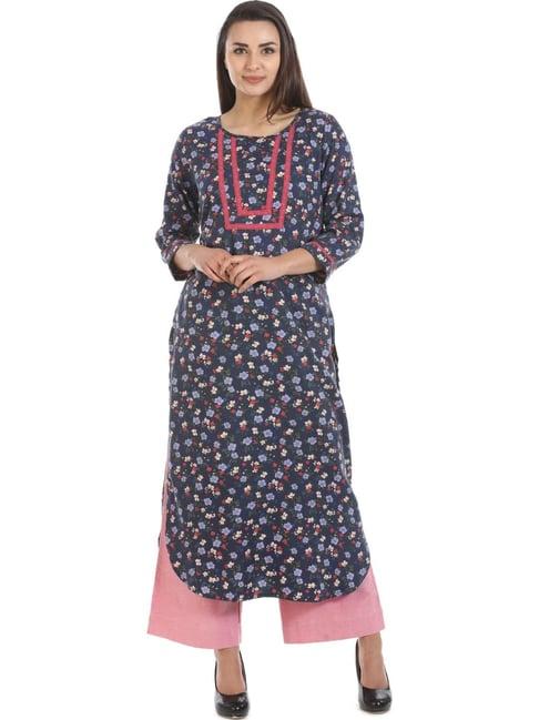 mustard blue floral print kurta