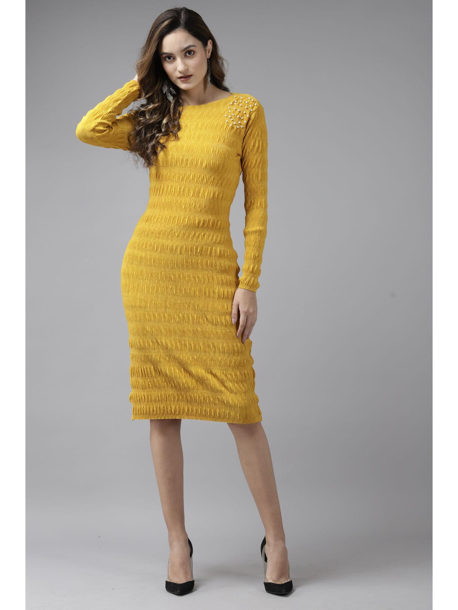 mustard bodycon pleated midi dress