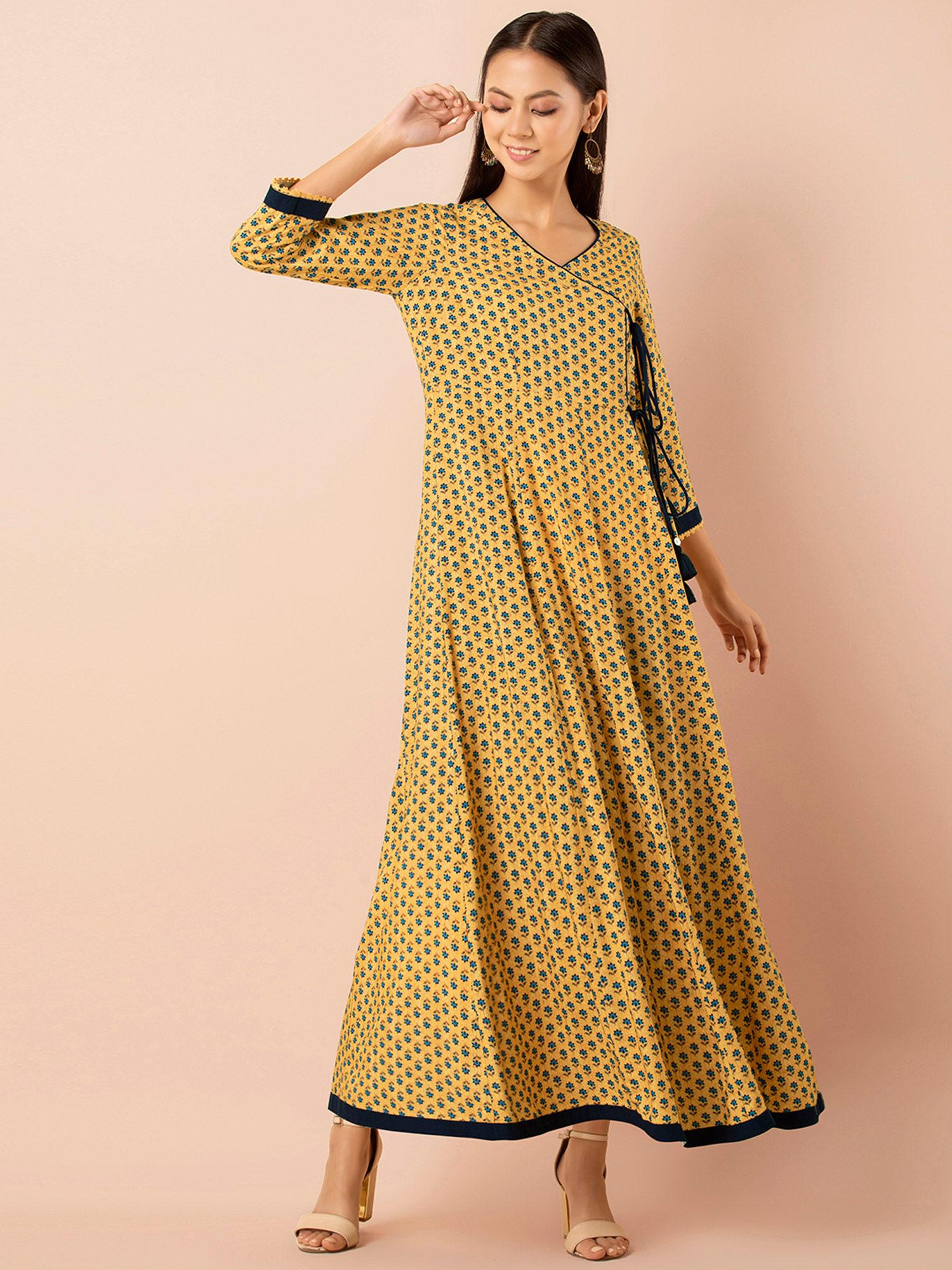 mustard boota print angrakha maxi tunic