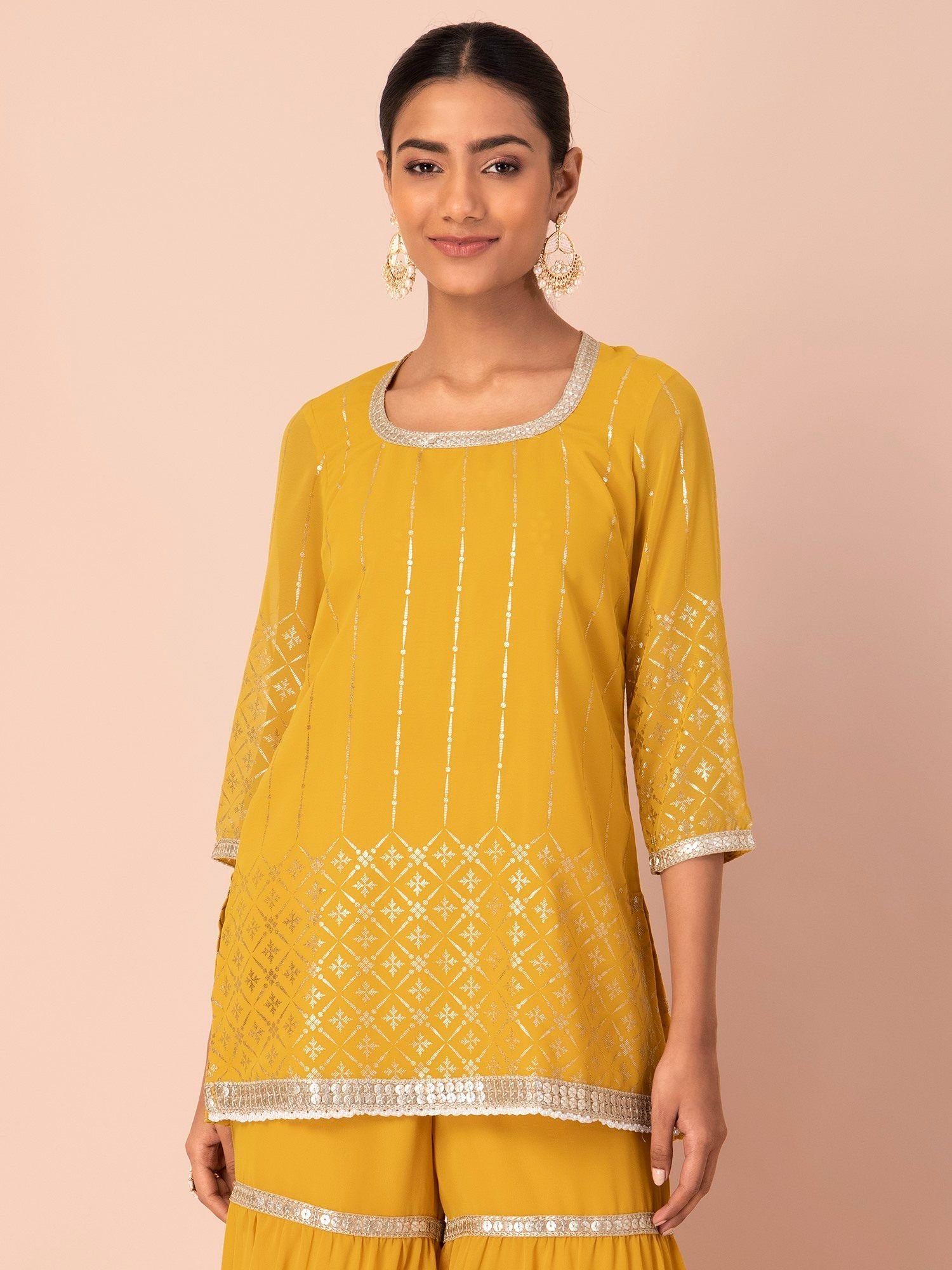 mustard brocade foil short kurti