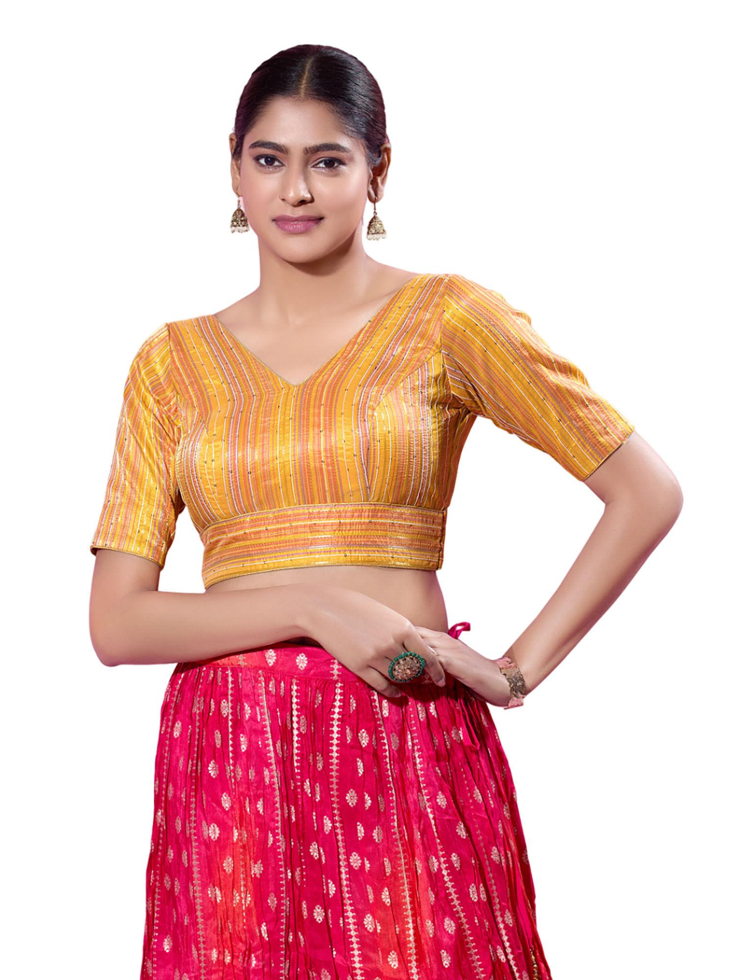 mustard brocade striped stitched blouse