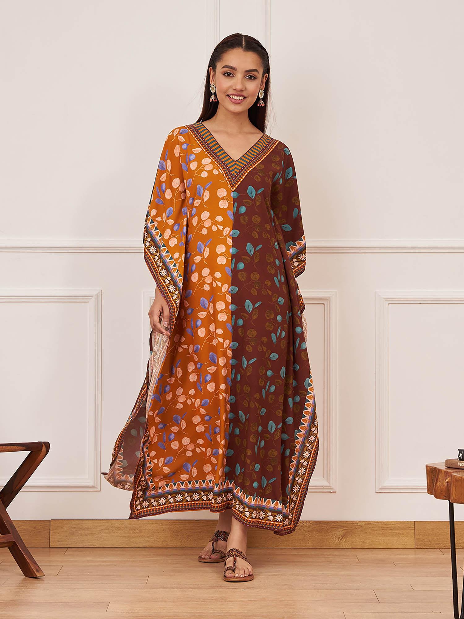 mustard brown half & half leaf print kaftan dress