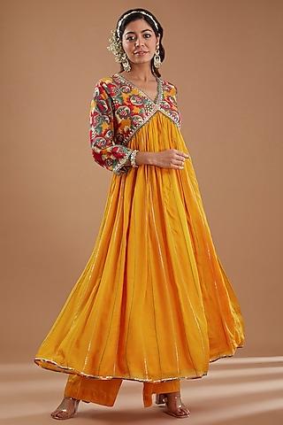 mustard chanderi & chinon chiffon floral printed flared kurta set