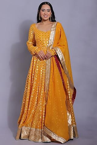 mustard chanderi & organza anarkali set