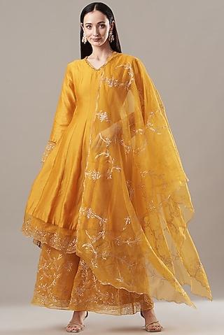 mustard chanderi anarkali set