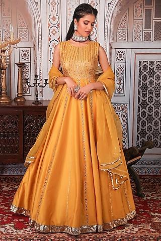 mustard chanderi anarkali set