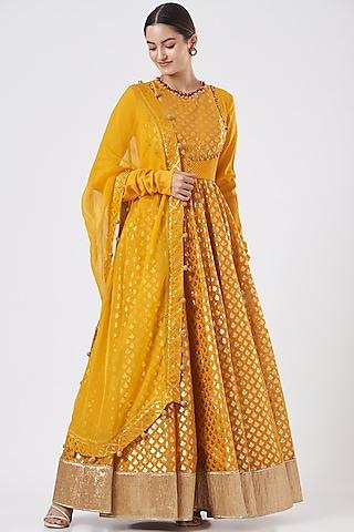 mustard chanderi anarkali set