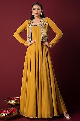 mustard chanderi anarkali with jacket