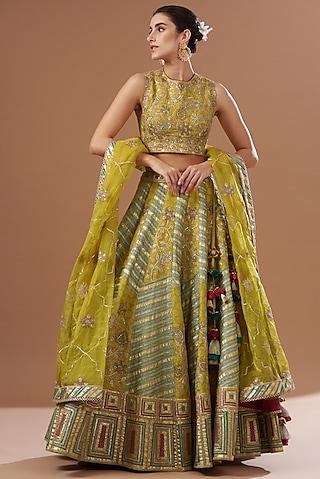 mustard chanderi banarasi embroidered lehenga set