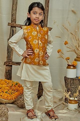 mustard chanderi brocade printed jacket with kurta set for boys