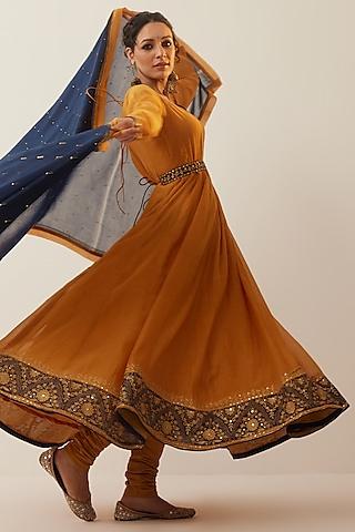 mustard chanderi embroidered anarkali set