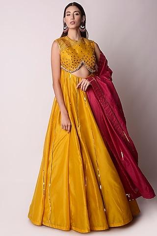 mustard chanderi embroidered anarkali set