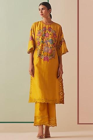 mustard chanderi embroidered kurta set