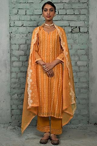 mustard chanderi embroidered kurta set