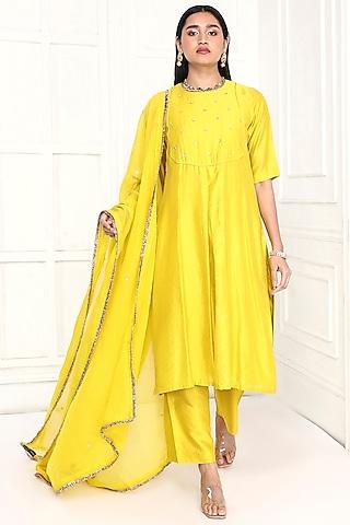 mustard chanderi floral embellished straight tunic set