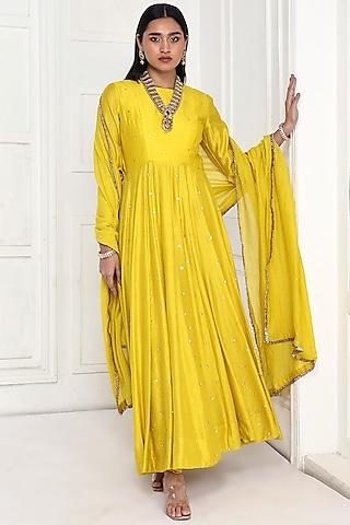 mustard chanderi floral embroidered anarkali set