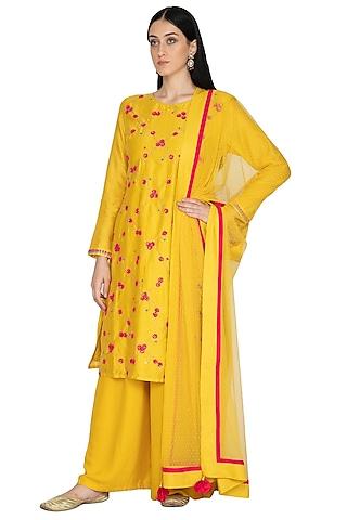 mustard chanderi floral embroidered tunic set
