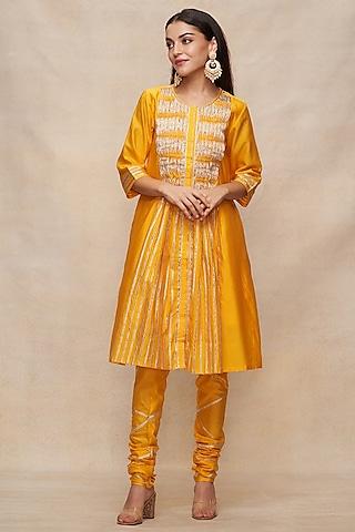 mustard chanderi gota work gathered tunic