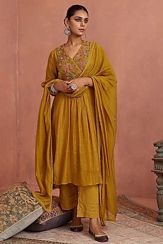 mustard chanderi hand embroidered angrakha kurta set