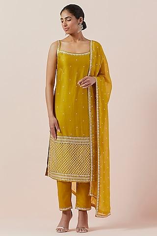 mustard chanderi hand embroidered kurta set