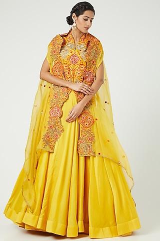 mustard chanderi jacket lehenga set