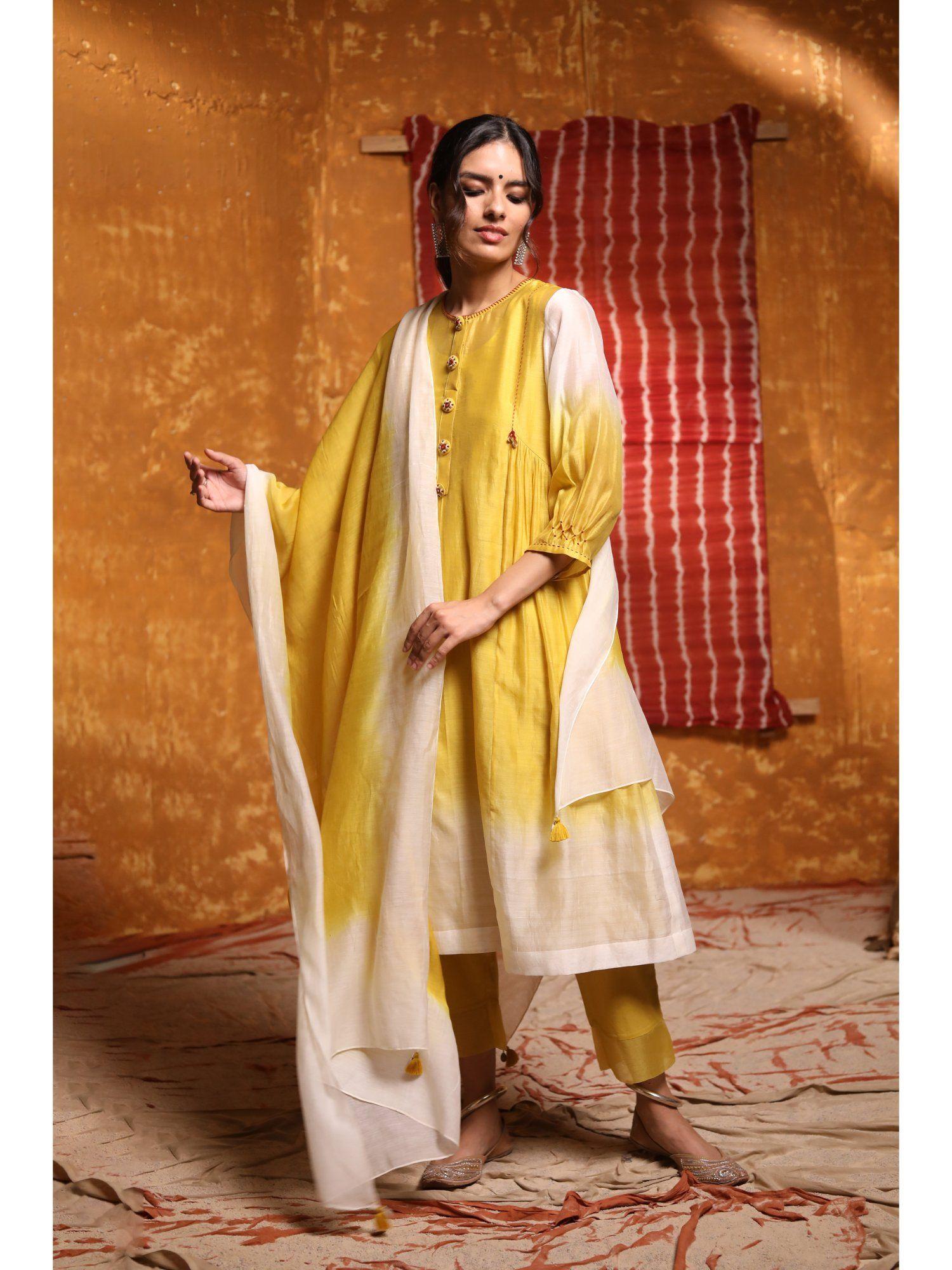 mustard chanderi ombre 3/4th kurta with pant and dupatta (set of 3)