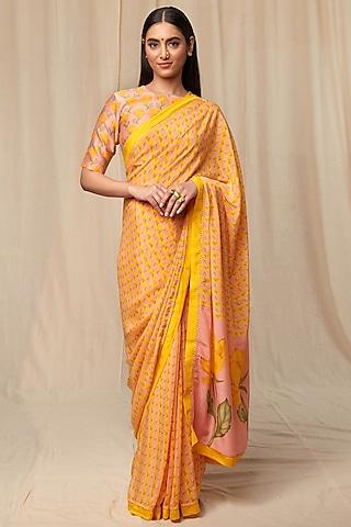 mustard chanderi silk crepe printed saree set