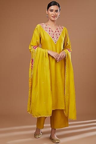 mustard chanderi silk cutdana embroidered straight kurta set