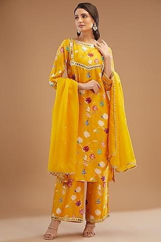 mustard chanderi silk embroidered kurta set