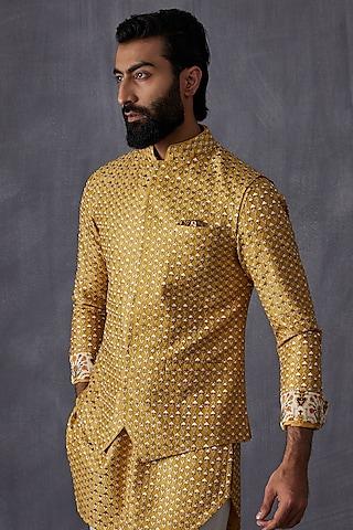 mustard chanderi silk embroidered nehru jacket