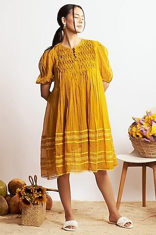 mustard chanderi silk flared knee-length dress