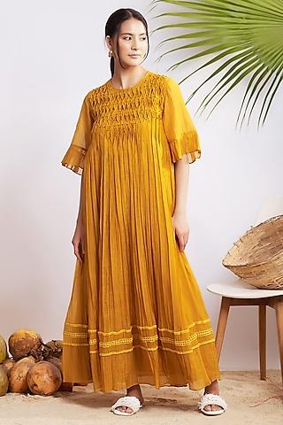mustard chanderi silk flared maxi dress