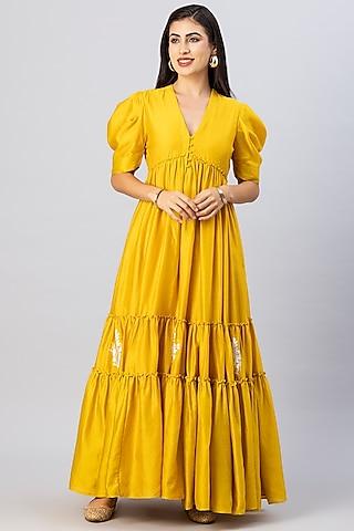 mustard chanderi silk foil printed bohemian tiered dress