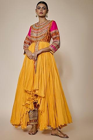 mustard chanderi silk meenakari crushed tunic set