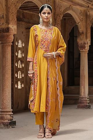 mustard chanderi silk sequins embellished anarkali set