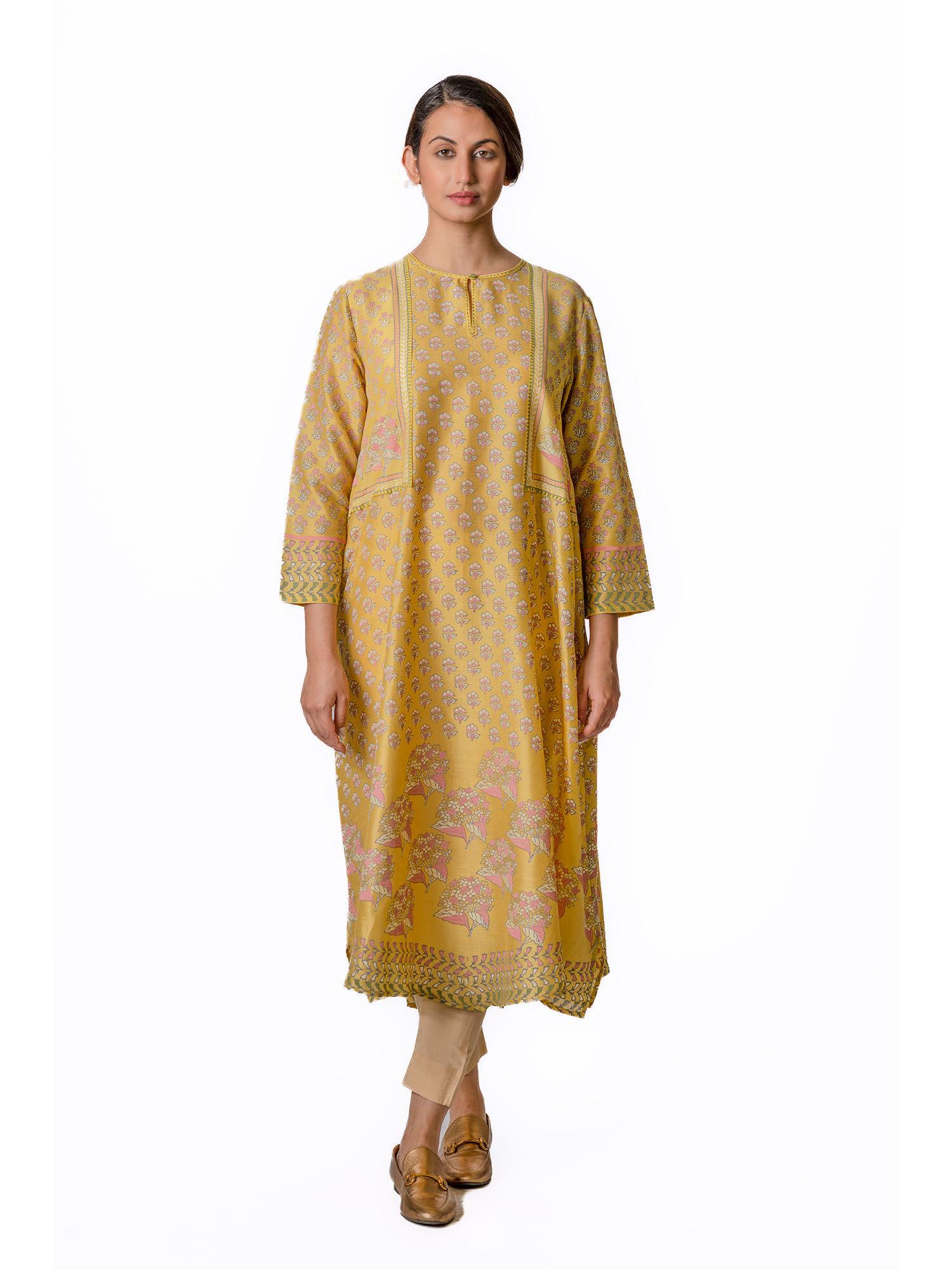 mustard chanderi tunic with floral block printed motifs