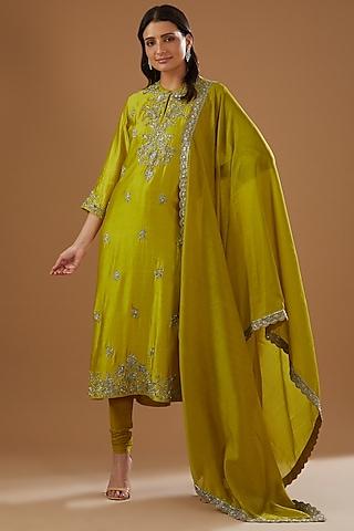 mustard cheniya silk embroidered kurta set