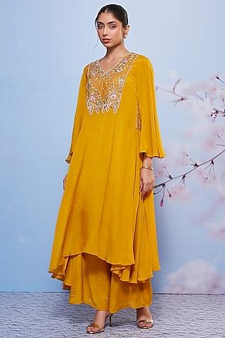 mustard chiffon & cotton lycra embroidered kurta set