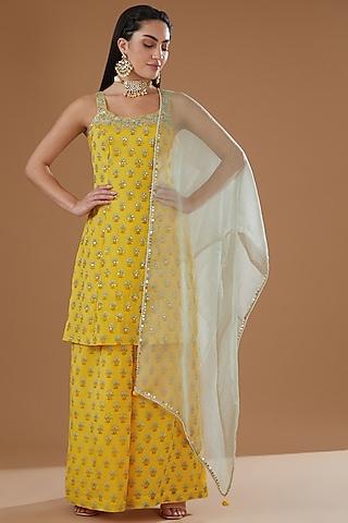 mustard chiffon floral printed & embroidered kurta set
