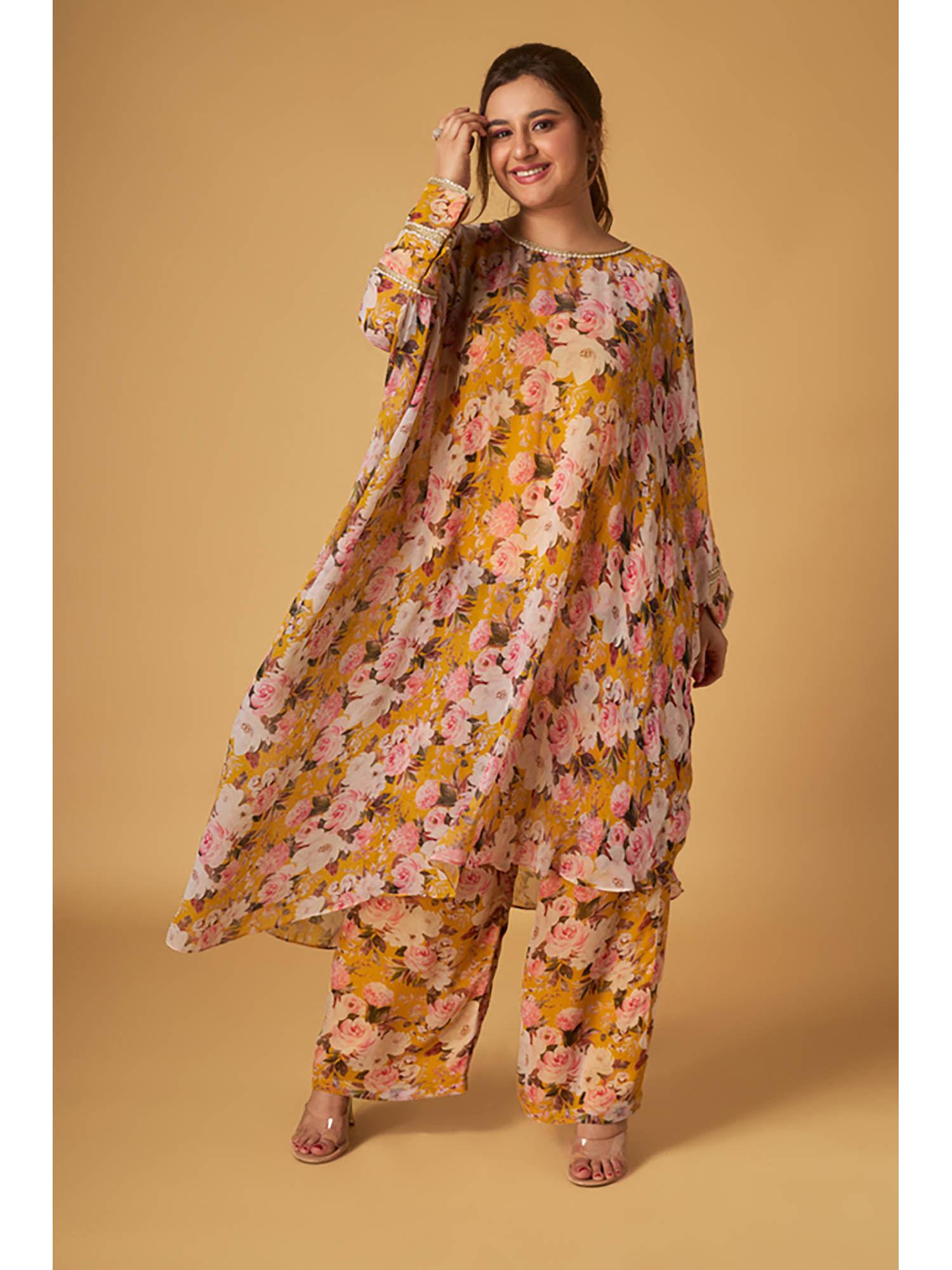 mustard chiffon printed kaftan and pant with inner slip co-ord (set of 3)