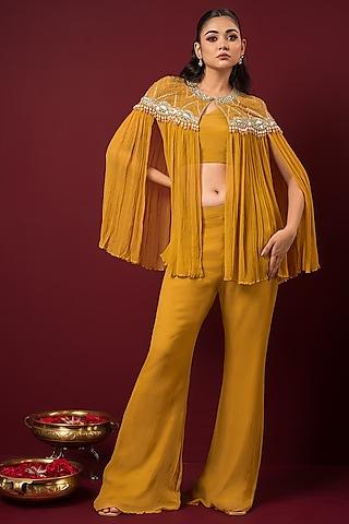 mustard chiffon resham embroidered cape set