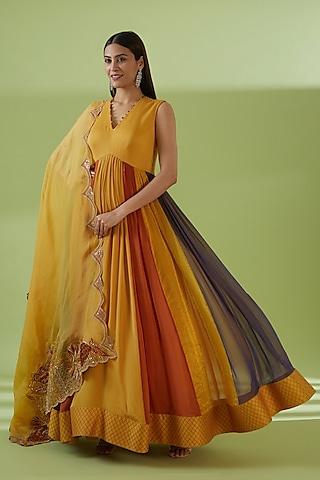 mustard chiffon silk embroidered anarkali set