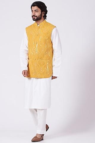 mustard chikankari embroidered nehru jacket
