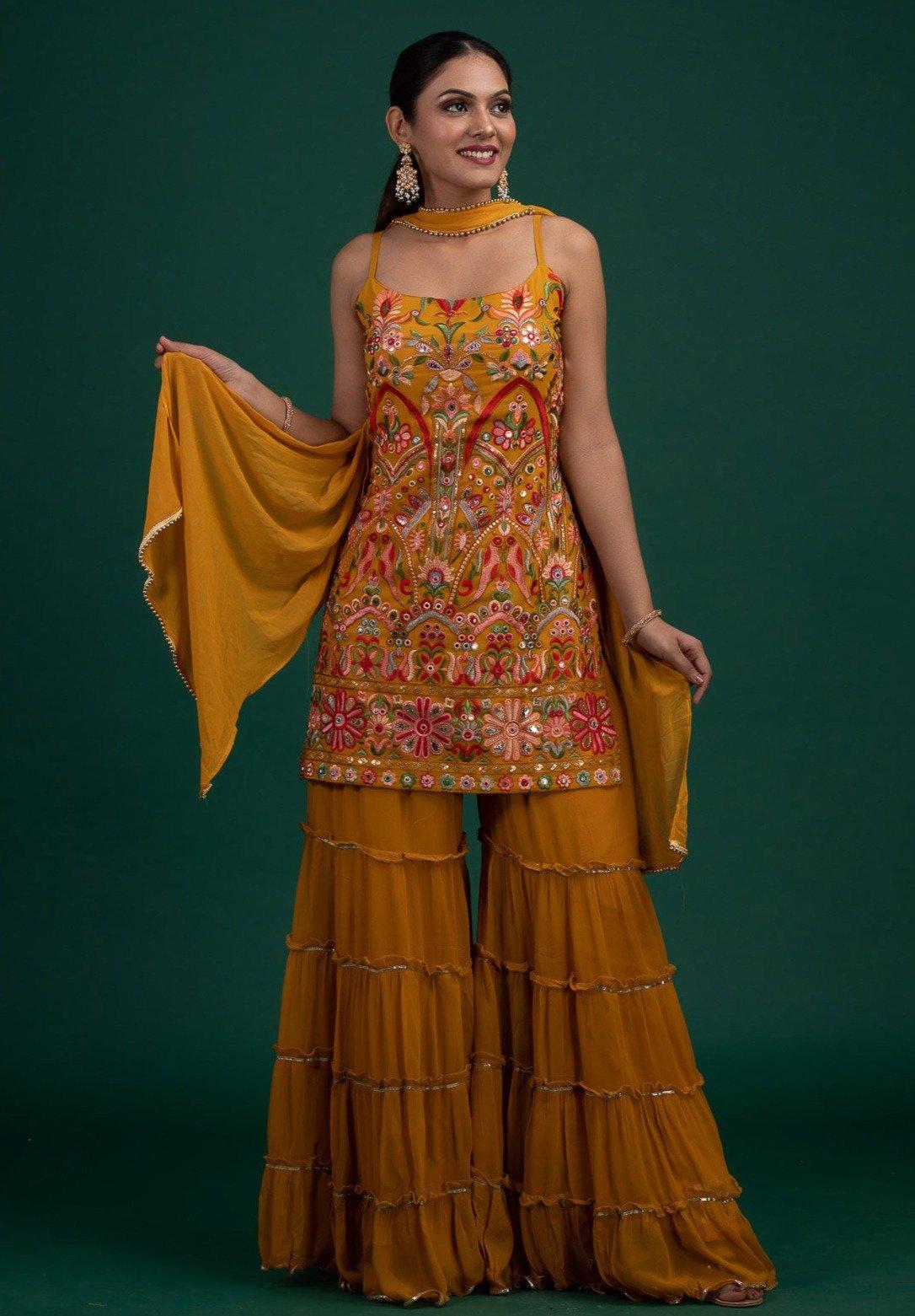 mustard chikankari georgette designer sharara suit