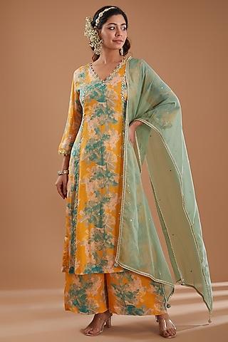 mustard chinon chiffon floral printed & sequins embroidered kurta set