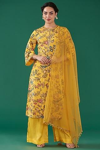 mustard chinon chiffon printed & hand embroidered kurta set