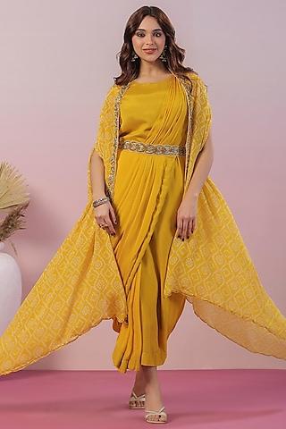 mustard chinon silk pleated saree dress