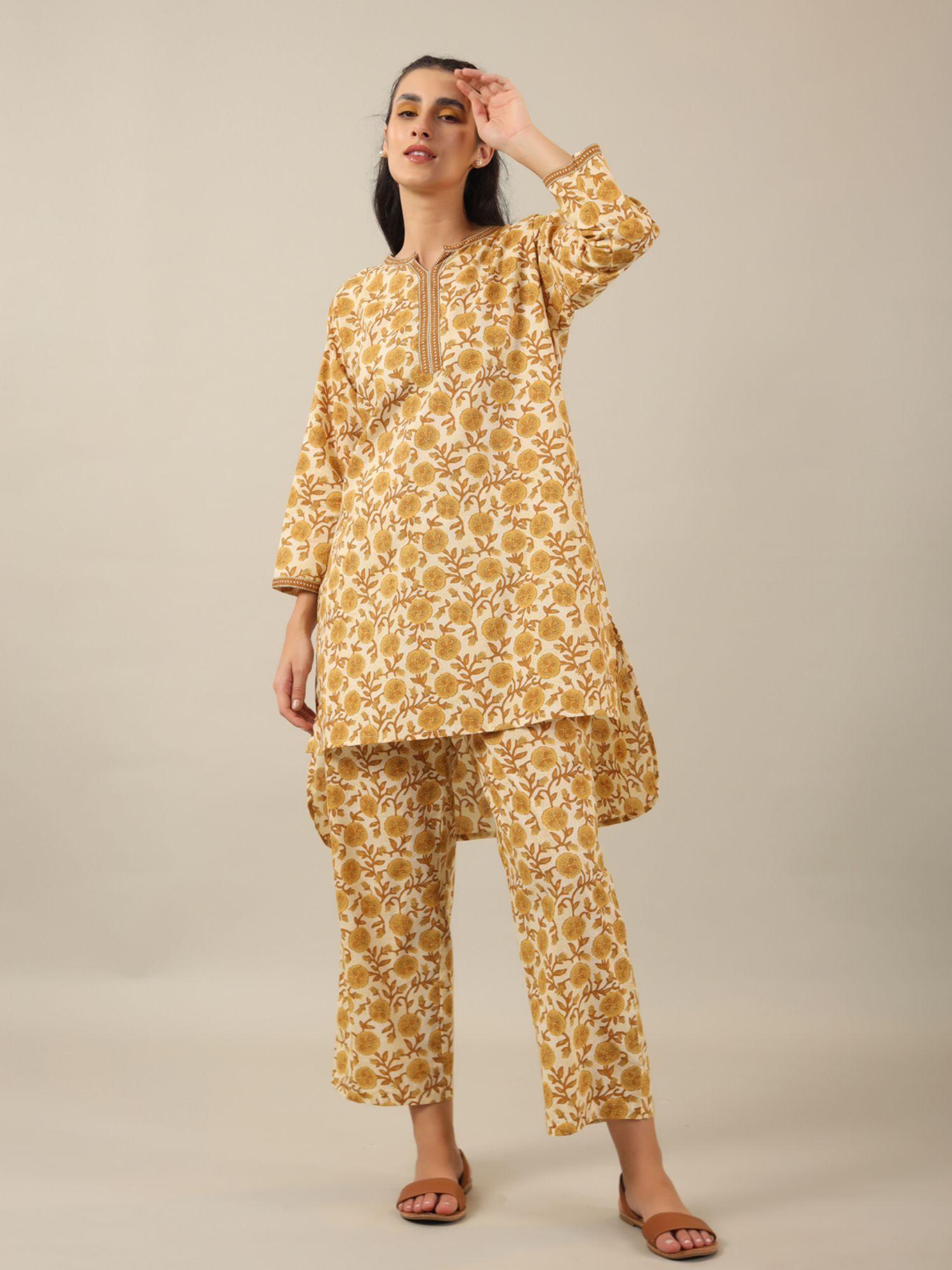 mustard color printed women pure cotton kurti & pyjama night suit (set of 2)